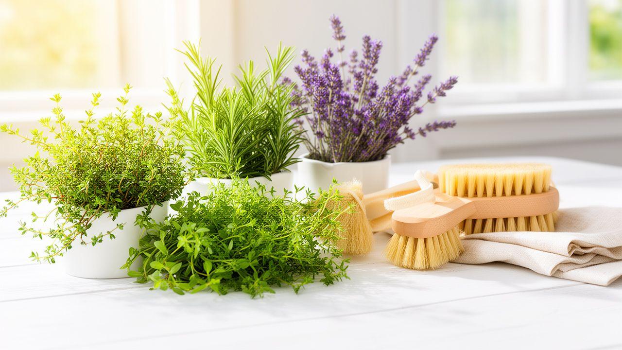 Hierbas frescas y productos de limpieza naturales sobre una mesa de madera limpia