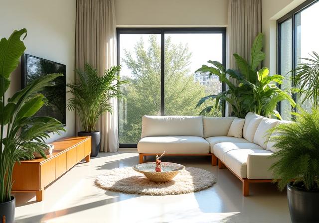 Un salón moderno y limpio con plantas naturales y luz solar