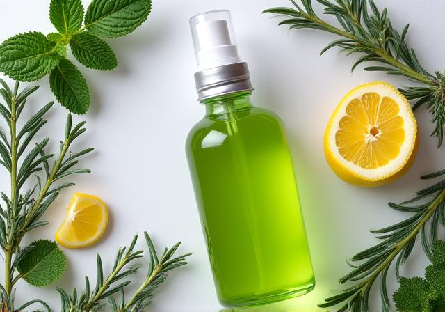 Mezcla de hierbas frescas y productos de limpieza naturales